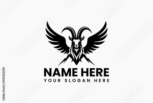 Detailed Winged Ibex Mountain Crest Silhouette. Classic Fantasy Motif