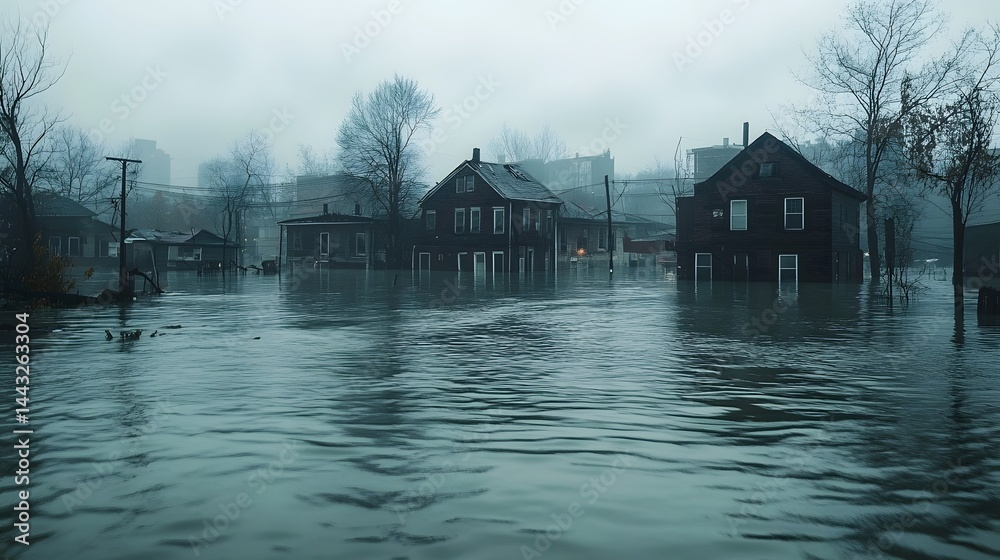 Fototapeta premium Floodwaters engulf rural buildings in a desolate landscape