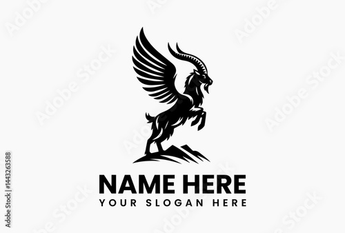 Detailed Winged Ibex Mountain Crest Silhouette. Classic Fantasy Motif