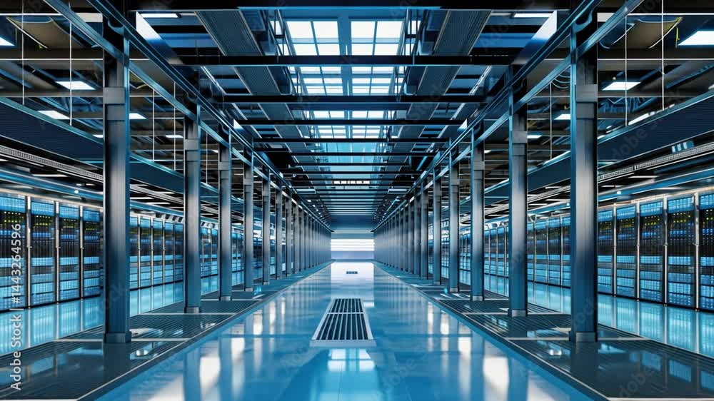 Data Center Server Room Interior With Rows of Rack Servers for Data Storage and Processing Data Center Server Room Interior With Rows of Rack Servers for Data Storage and Processing