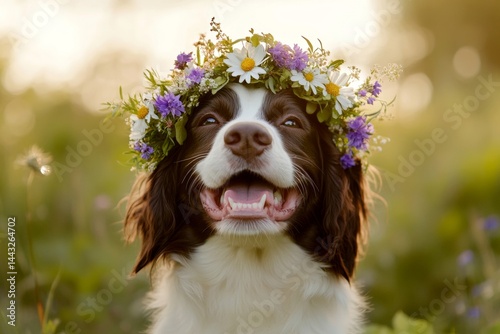 Morning rays. Vacation time happiness. Cute baby dog english springer spaniel wearing savage flower circlet on its head. Dreamy summer scene with a dog. Summer fun with floral decor.