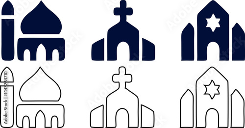 Modern church, Mosque, synagogue flat and outline vector icons set with minimalist design for digital and print projects, religious