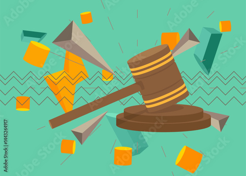 Gavel geometrical graphic retro theme background. Minimal geometric elements. Vintage abstract shapes vector illustration.