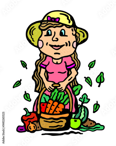 Color vector illustration of a beautiful girl in a hat with a basket of fresh vegetables and fruits on a white isolated background