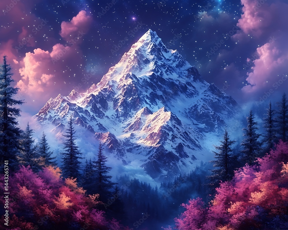 Majestic snow-capped peak under starry sky