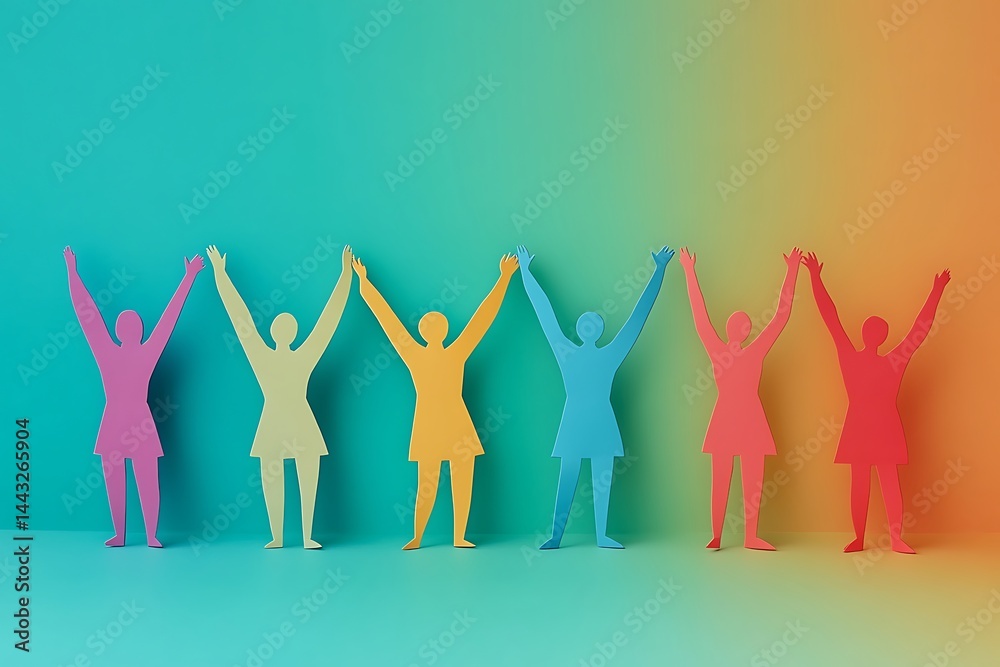 Fototapeta premium Rainbow Teamwork Colorful Paper People Standing Together
