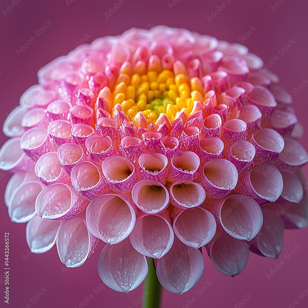 Pink dahlia bloom, dew drops