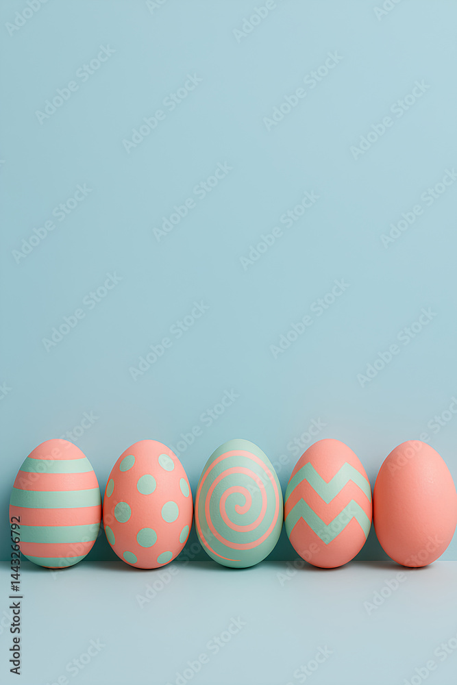 Five Easter eggs arranged on a light blue background, each displaying a design like stripes, polka dots, swirls, chevrons, and solid colors in coral pink and seafoam green. Five Easter eggs arranged on a light blue background, each displaying a design like stripes, polka dots, swirls, chevrons, and solid colors in coral pink and seafoam green.