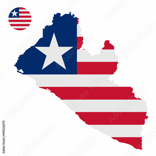 Vector set of Liberia high detailed map flag and national flag round badge isolated on white background.