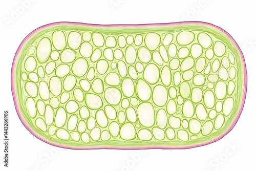 Microscopic view of plant cells, exhibiting a unique and vibrant pattern of light green and pink hues. Ideal for scientific, educational, or artistic applications. photo