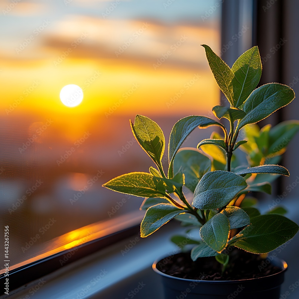 Sunset view through window, small plant in pot