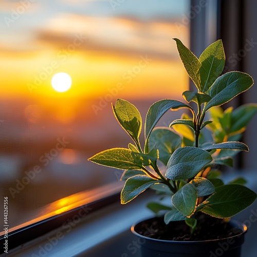 Obraz na płótnie Sunset view through window, small plant in pot w salonie