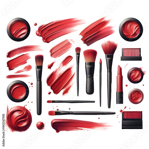 collection of Red paint brush stroke isolated on white background smudged makeup products