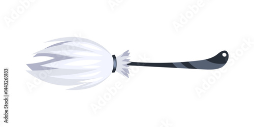 Witch broom flying through the air with white bristles and black handle