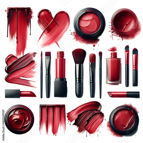 collection of Red paint brush stroke isolated on white background smudged makeup products