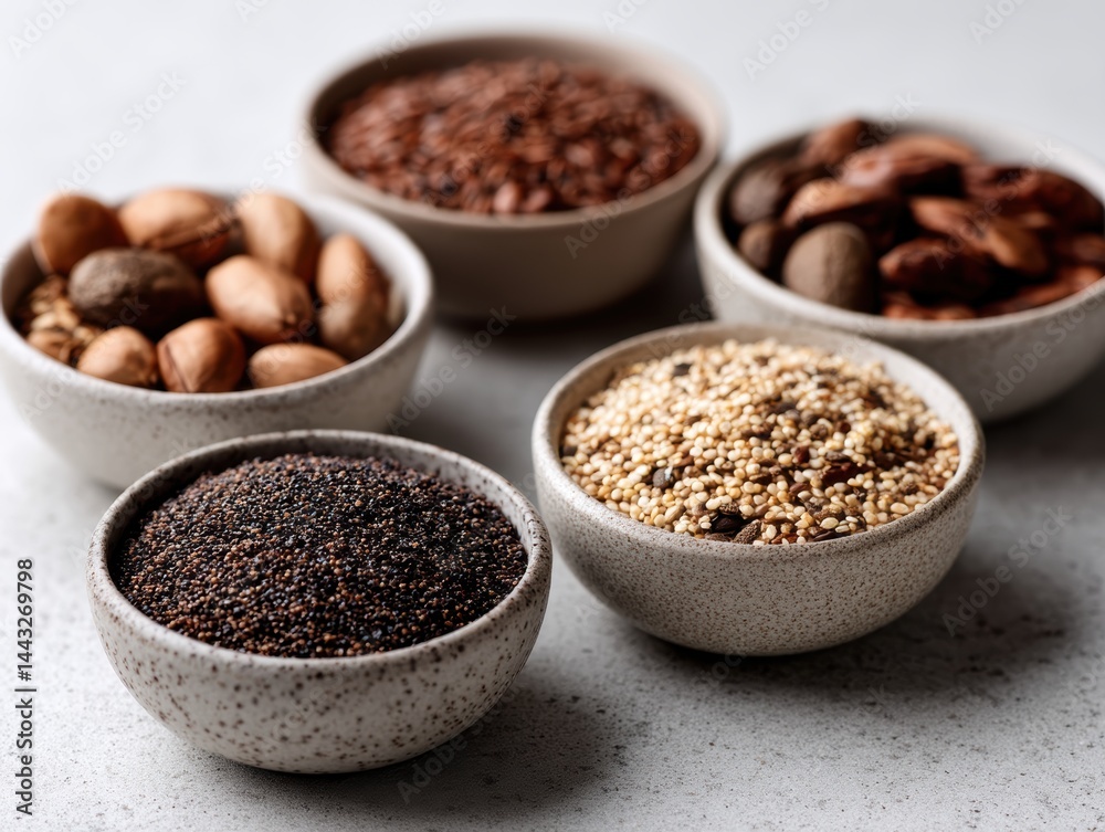 Macro shot of diverse seeds and grains in bowls - ripe vegan different Macro shot of diverse seeds and grains in bowls - ripe vegan different
