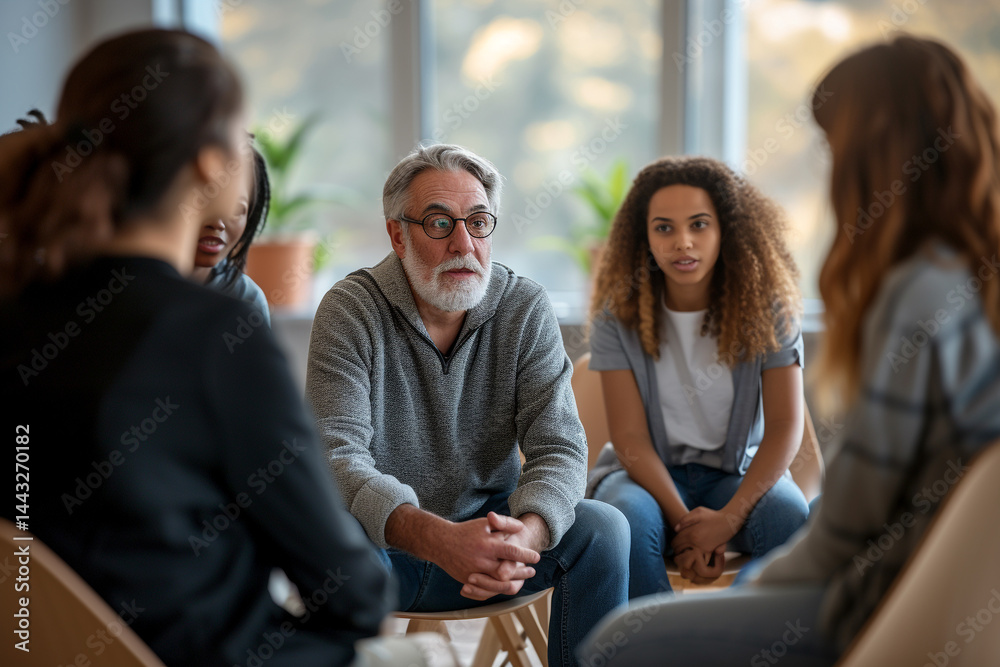 A diverse group of individuals of various ages, struggling with addiction, sit in a circle during a therapy meeting led by a mature male psychotherapist, emphasizing the importance of consulting menta A diverse group of individuals of various ages, struggling with addiction, sit in a circle during a therapy meeting led by a mature male psychotherapist, emphasizing the importance of consulting menta