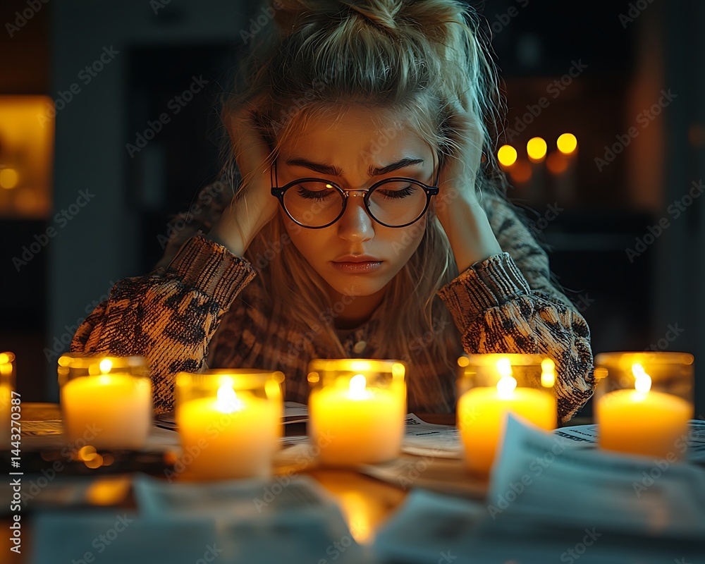 Woman stressed, surrounded by papers and candles