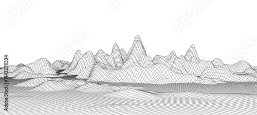 Wireframe landscape background. Detailed lines on white background. Vector illustration.