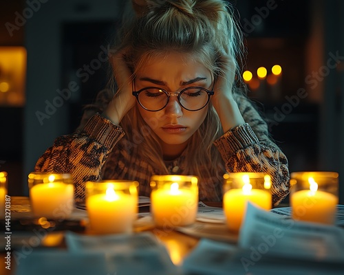 Obraz na płótnie Woman stressed, surrounded by papers and candles w salonie