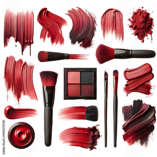 collection of Red paint brush stroke isolated on white background smudged makeup products