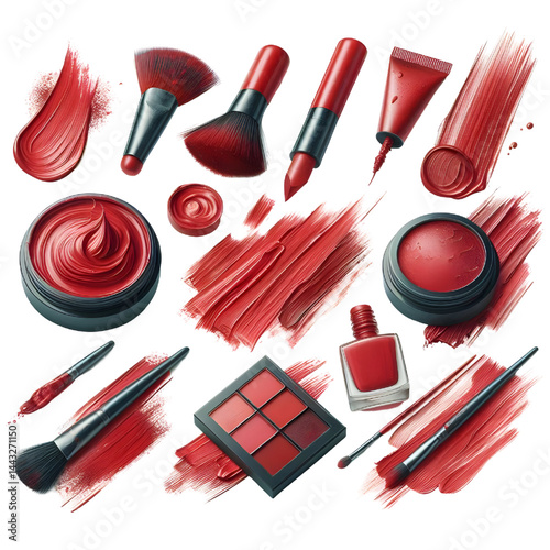 collection of Red paint brush stroke isolated on white background smudged makeup products