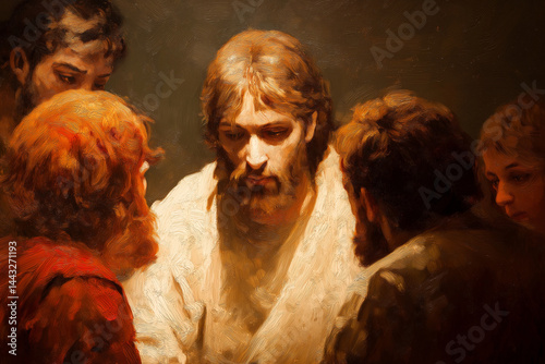 Jesus meeting with His disciples: Jesus appearing to His disciples after the resurrection, such as in the scene of “Doubting Thomas.”