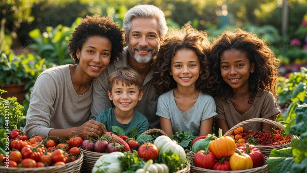 Fototapeta premium Happy multiracial family smiles proudly beside their bountiful harvest of colorful vegetables. A heartwarming scene of family unity and healthy living.