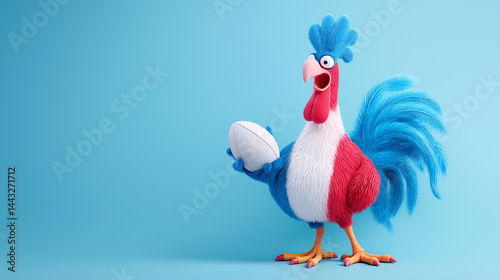 3d cartoon rooster mascot holding rugby ball on blue background