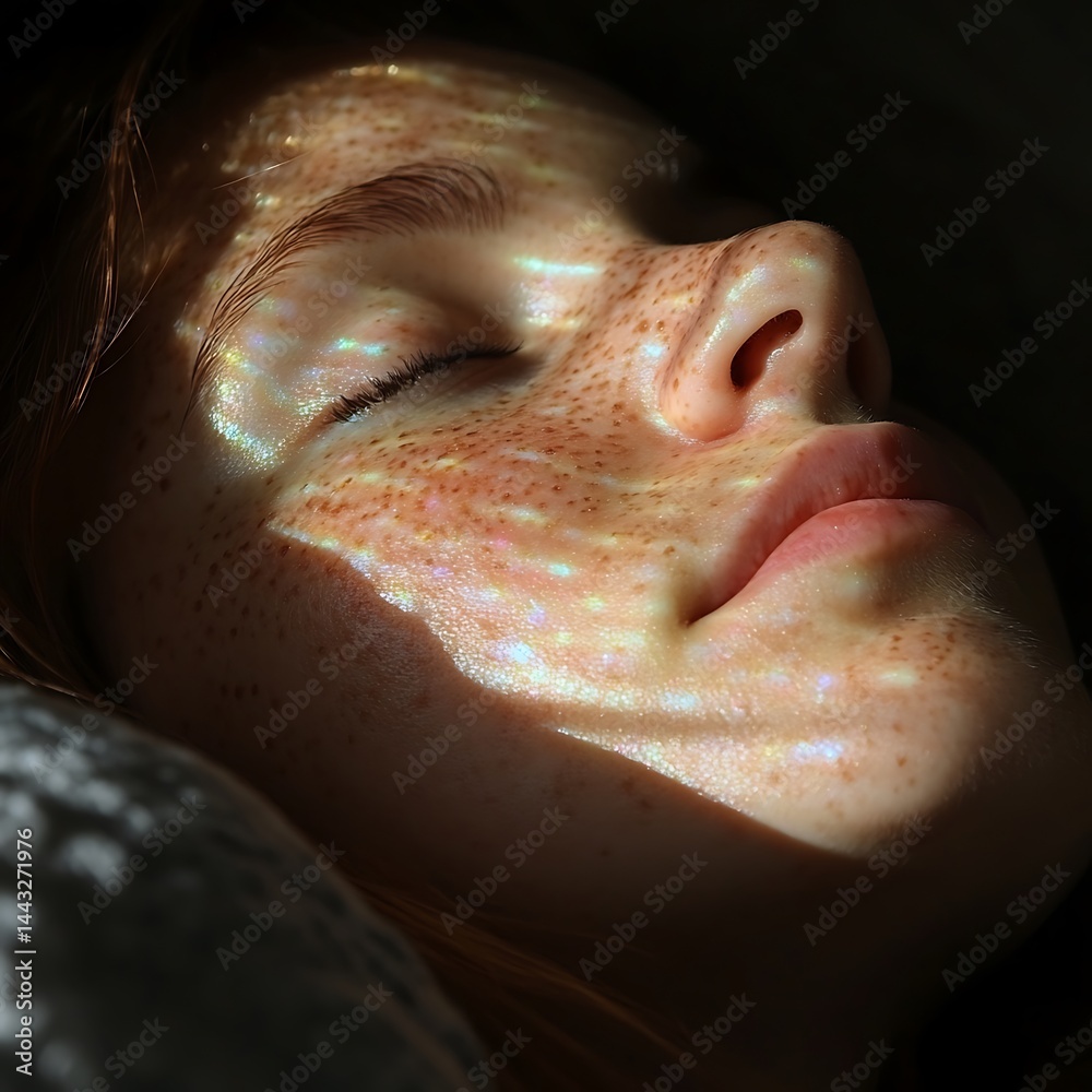 Freckled face asleep, sunlit