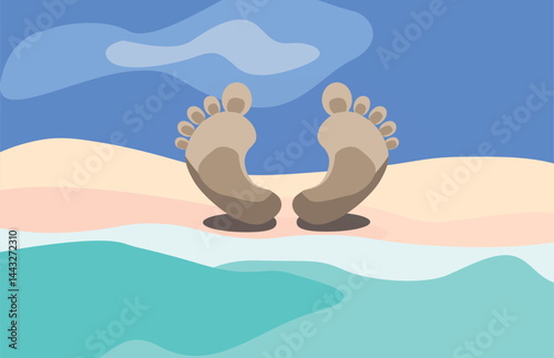 Cartoon feet resting on a beach with ocean waves in the background