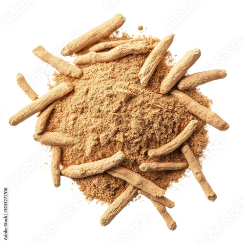 Ashwagandha Root Powder and Sticks for Natural Wellness and Stress Relief in Herbal Remedies on transparent background