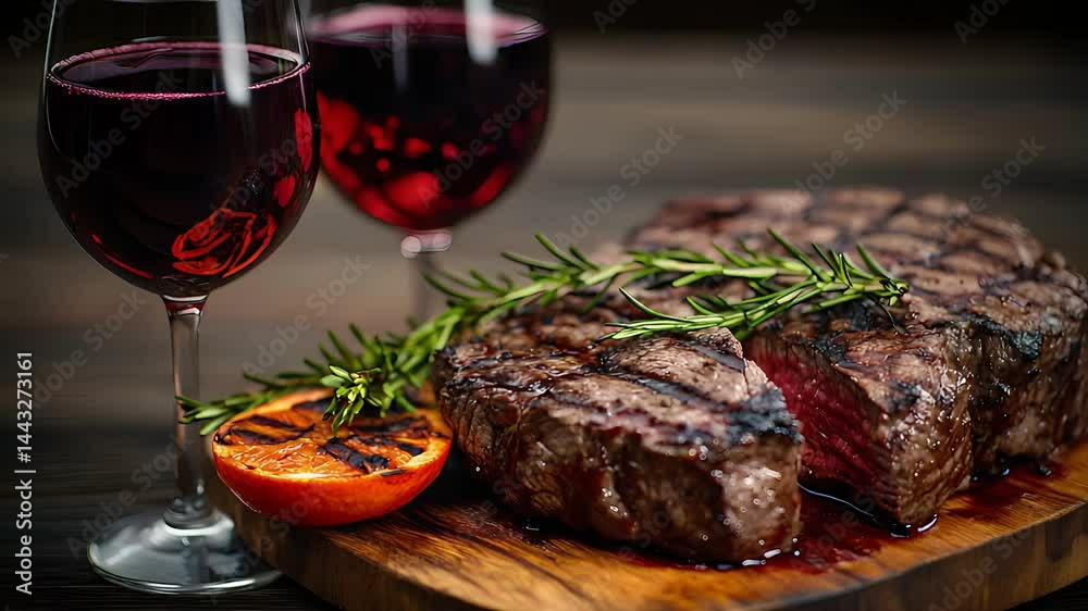 Grilled Steak with Fresh Rosemary and Red Wine Glasses on Wooden Table
