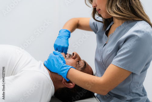 Female physiotherapist wearing gloves performing jaw rehabilitation therapy on male patient
