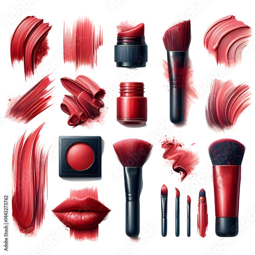 collection of Red paint brush stroke isolated on white background smudged makeup products