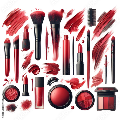 collection of Red paint brush stroke isolated on white background smudged makeup products