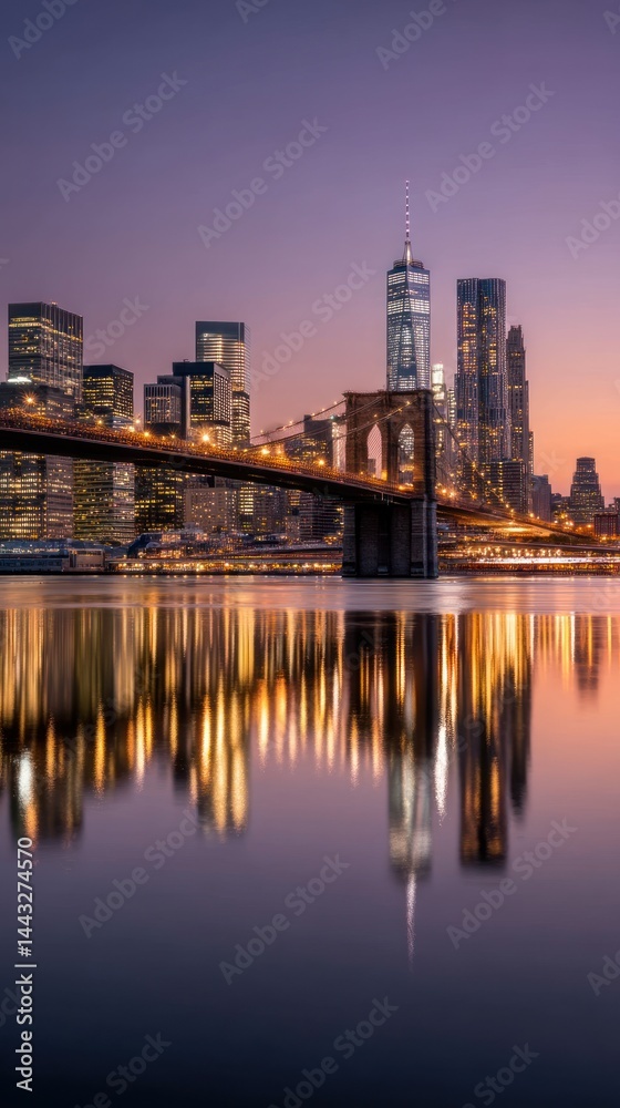 Fototapeta premium City skyline reflected in calm water at dawn
