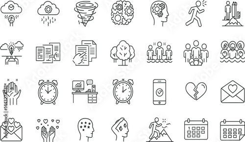 Overwhelmed, Stressful Situations line icon set. Vector pictograms of Mental strain, confusion, emotional pressure, anxiety, digital distraction, multitasking