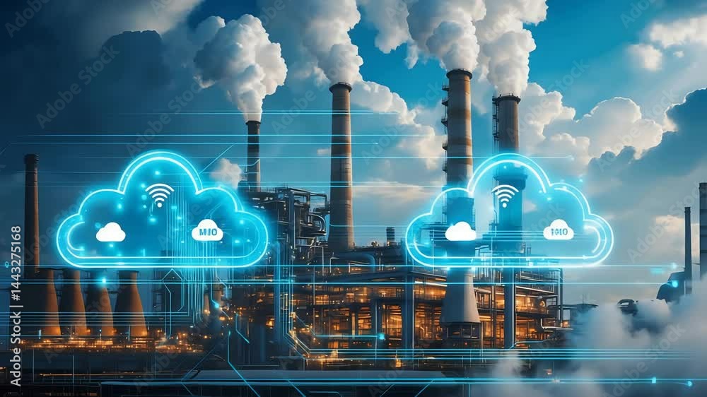 Industrial factory with smoke stacks emitting clouds behind digital cloud computing icons and futuristic data interface in high-tech overlay

