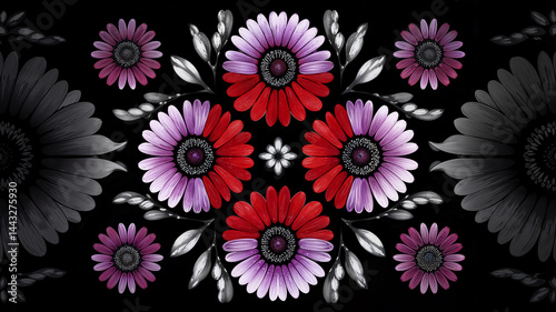 Symmetrical Floral Pattern with Red and Purple Gerbera Daisies