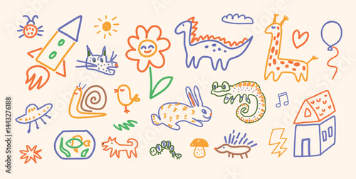 Set of hand-drawn playful Doodles of Rocket, Flower, Dinosaur, Giraffe, Rabbit, Chameleon, Snail. Colorful childish crayon drawing. Vector illustration.