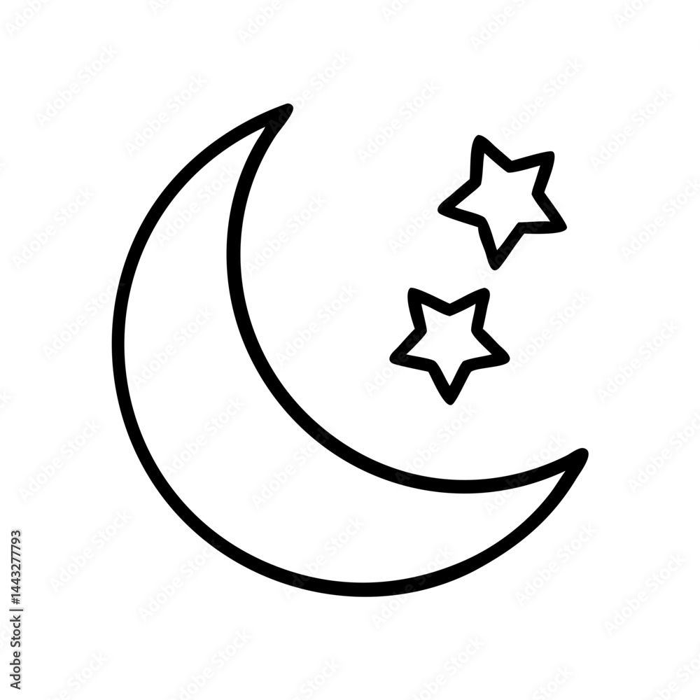 Moon and Stars Icon in Simple Line Art Style Moon and Stars Icon in Simple Line Art Style