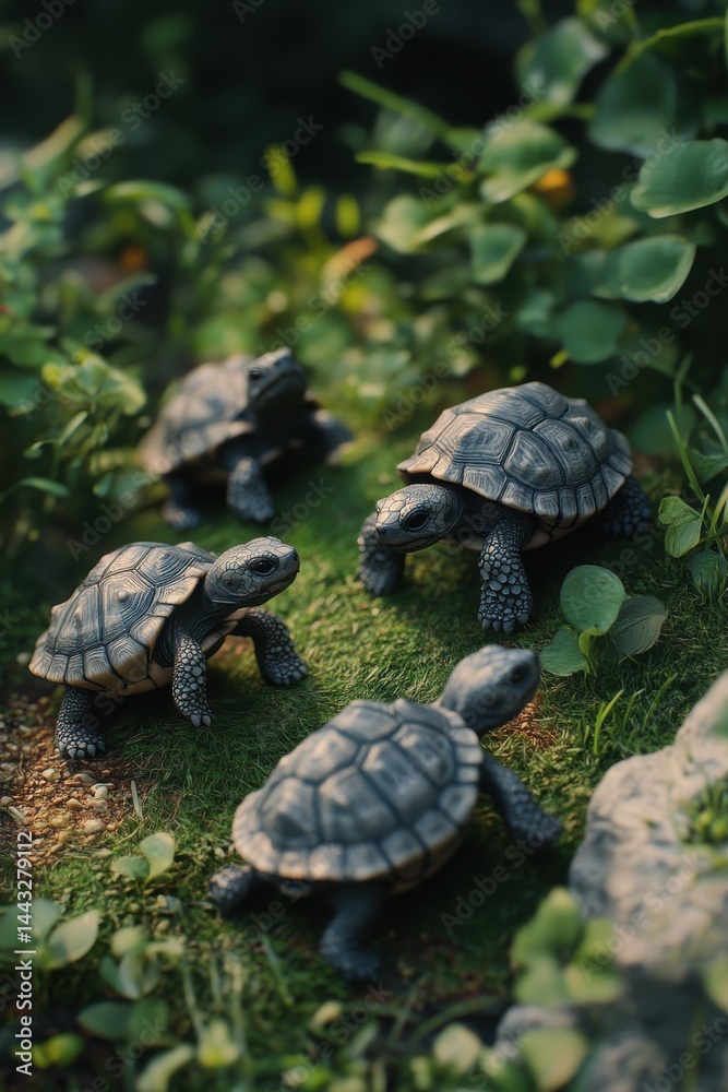 Fototapeta premium Four adorable turtles exploring a lush green habitat surrounded by nature.