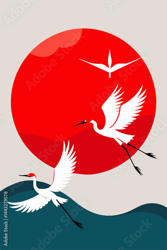 Minimalistic Japanese composition with red sun and two flying cranes for inspiration
