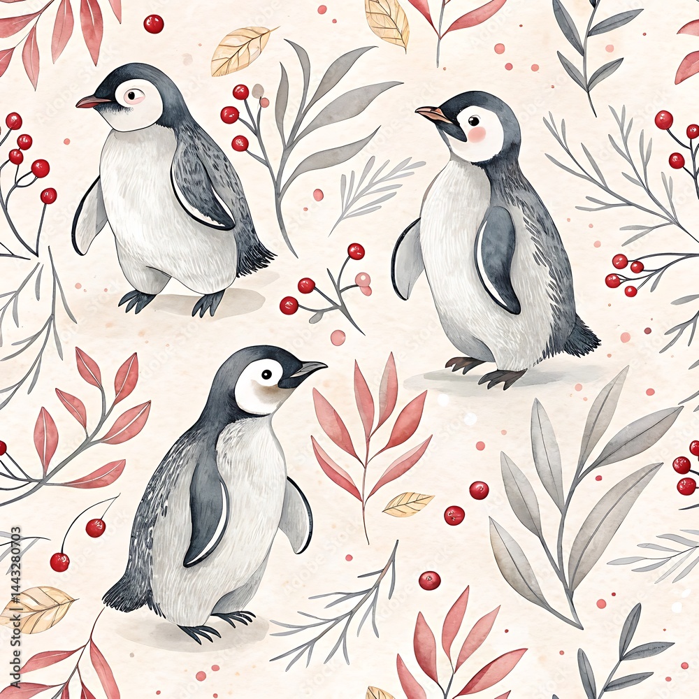 Naklejka premium Watercolor illustration featuring three penguins with leaves and berries on a light background