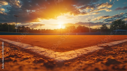 A vibrant sunset casts golden hues over a baseball field, highlighting the diamond's earthy tones.
