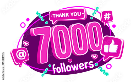 Thank you 7000 followers, peoples online social group, happy banner celebrate, Vector illustration