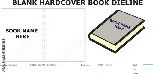 Blank hardcover book cover template with bleed trim and crease lines