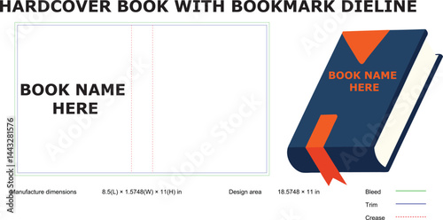 Hardcover book template with bookmark die cut mockup for design
