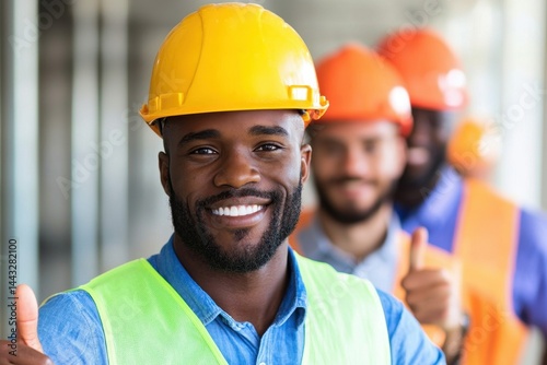 Smiling Construction Workers in Safety Gear with Hard Hats